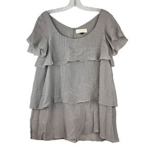 BENSONI Gray Pinstripe Tiered Ruffle Short Sleeve Anthropology Blouse‎ Size 4